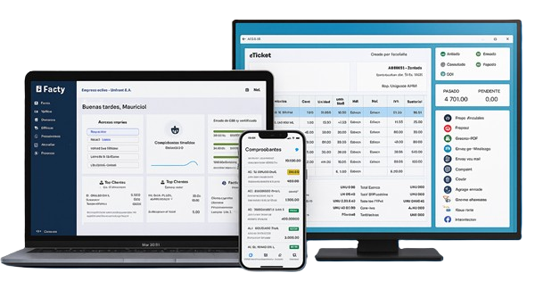 Mockup de pantallas Facty (Web, Mobile, Desktop, WhatsApp)